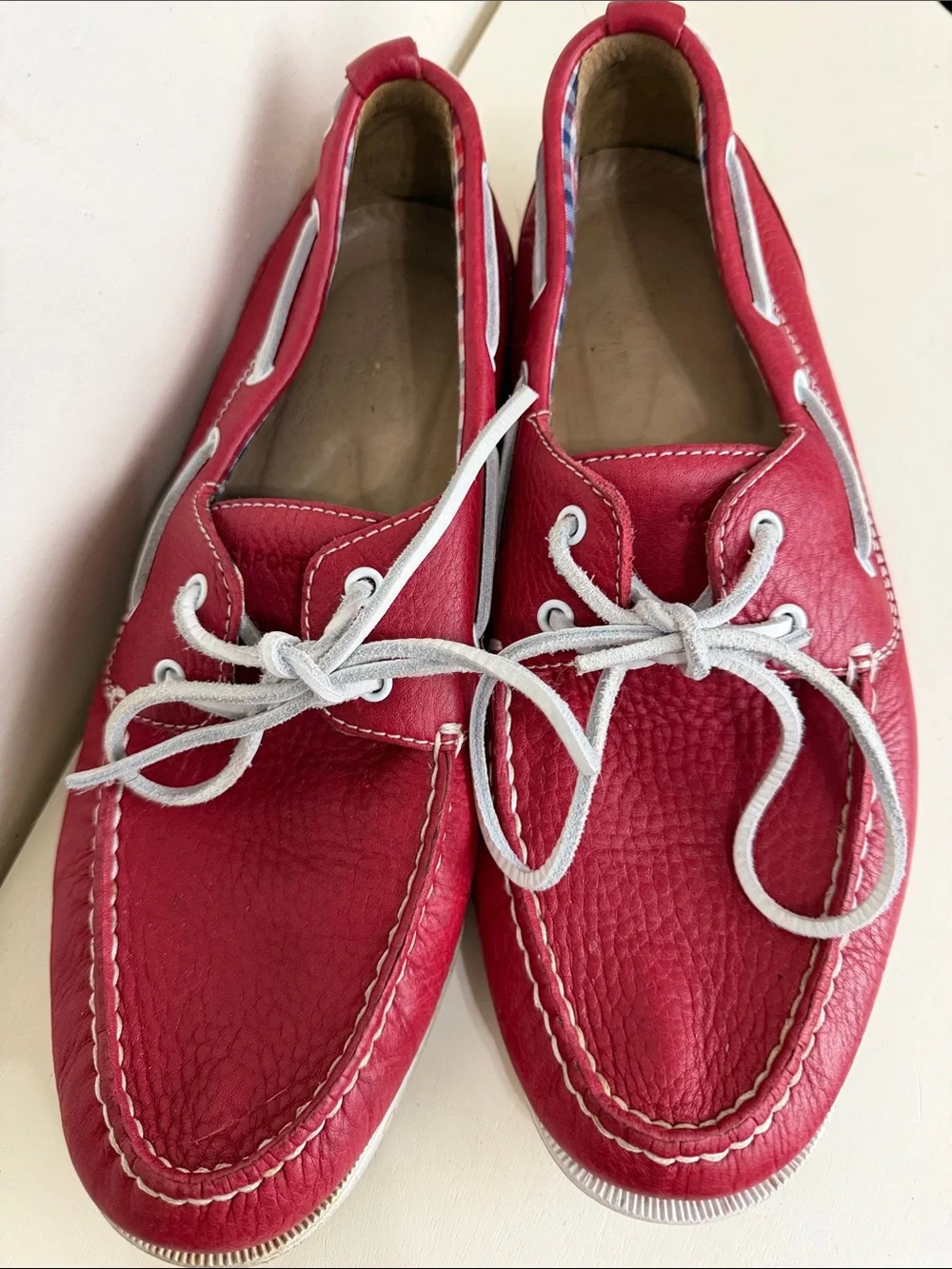 (2387) Rockport Men's Red Leather Boat Shoes - Casual Lace-Up, Size: 10